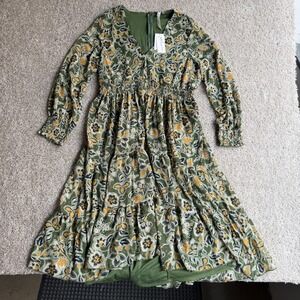 NY Collection Dress Womens PXL Green Floral Long Sleeve V-Neck Fit & Flare Maxi